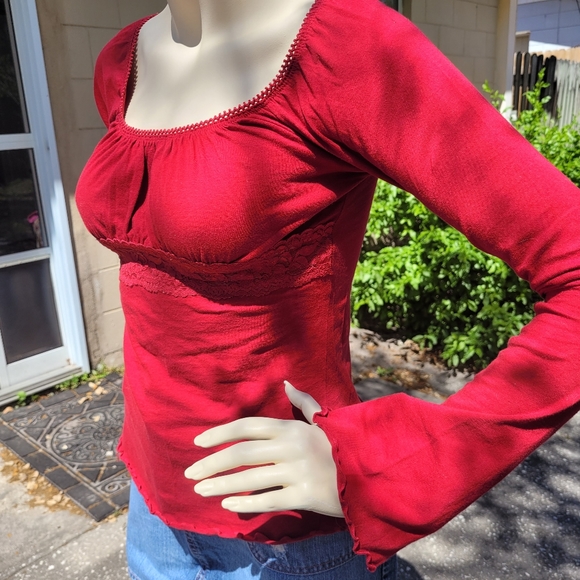 VTG 90s ❤️ Self Esteem ❤️ Red Peasant Blouse w/ Lace Empire Waist & Bell Sleeves - Picture 2 of 14